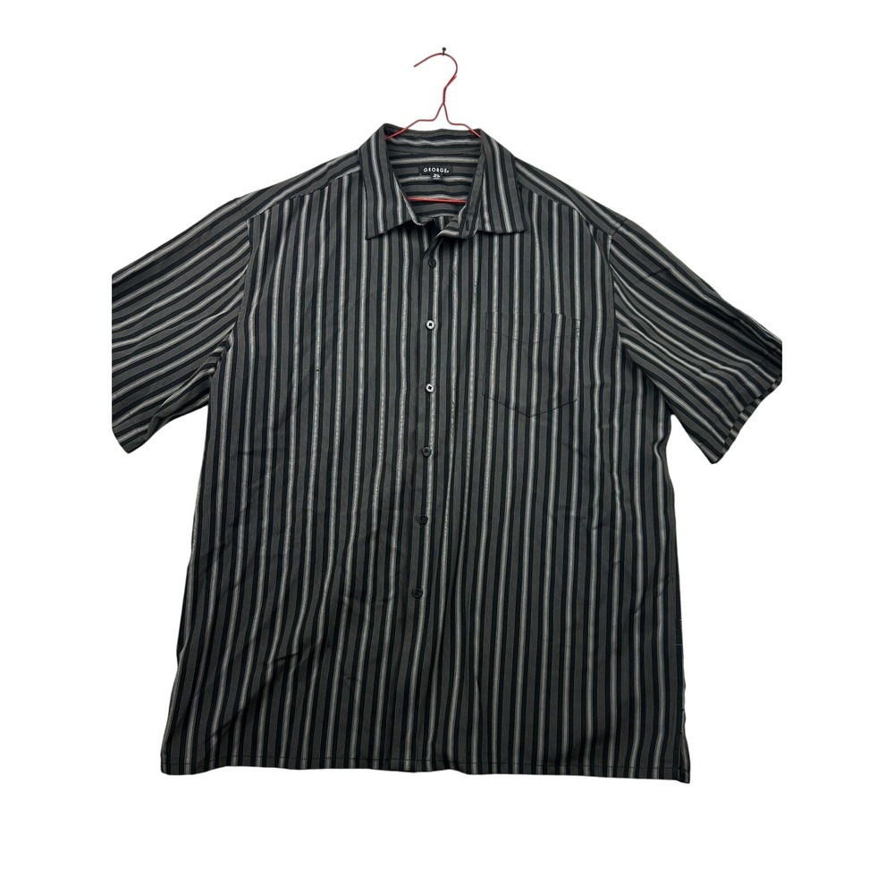 George Men's Button Down Shirt XL Black Tan Stripe Short Sleeve Dadcore Casual